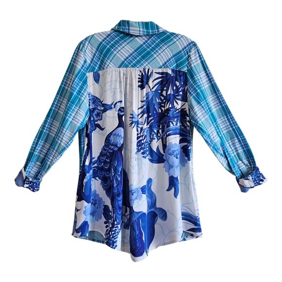 SOFT SURROUNDINGS Size S Aramie Shirt Plaid Front Peacock Back Button Up Blue 38 - Picture 1 of 10